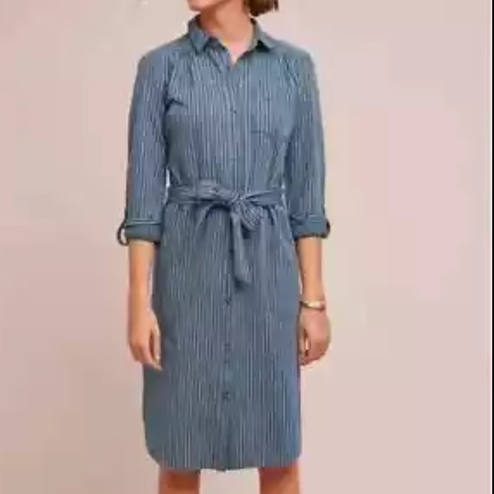 Anthropologie Bellamy Blue and White Striped Belted Shirt Dress Size 8